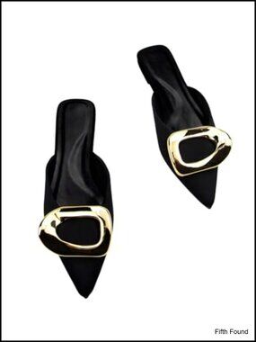 Women's Pointed Toe Mule Flats Leather Slide On Metal Decor Shoes
